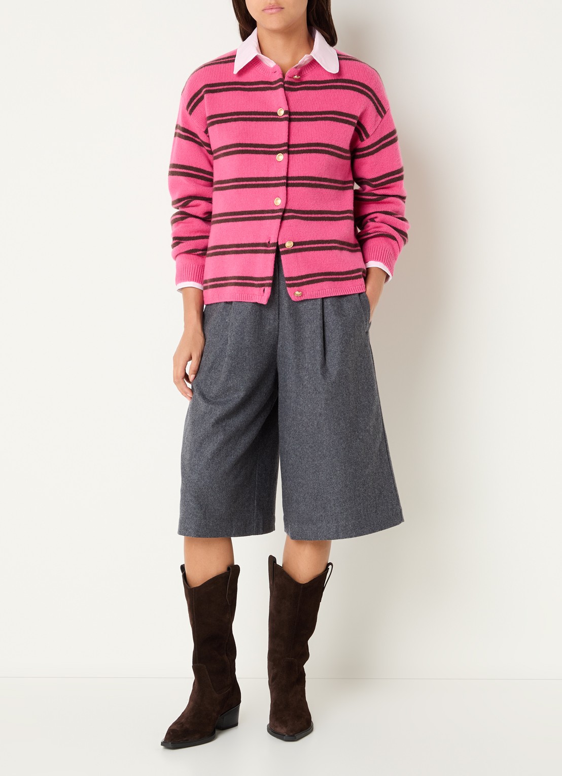 Josephine & Co Chiara grofgebreid vest in lamswolblend met streepprint - voorkant 4 fuchsia