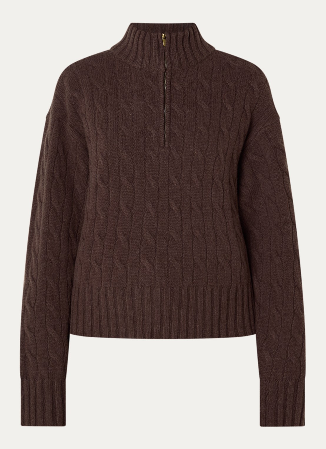 Josephine & Co Claude kabelgebreide trui met halve rits en col - voorkant 2 donkerbruin