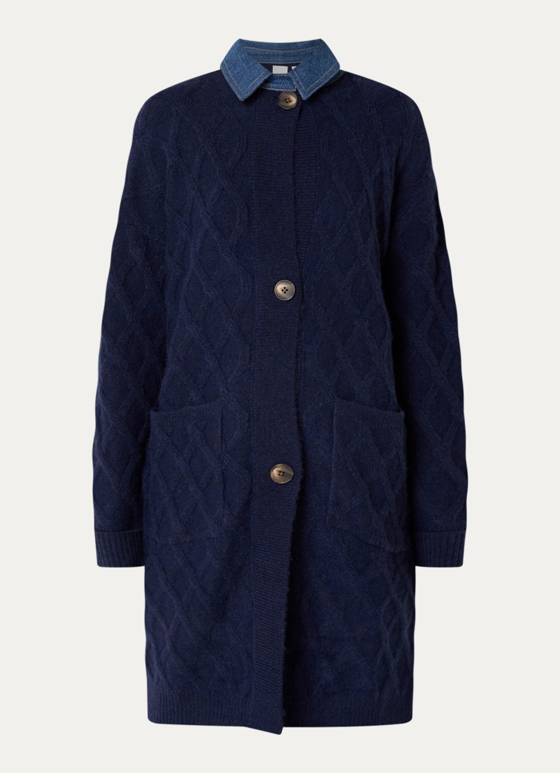 Josephine & Co Constantijn longline grofgebreid vest met opstaande zakken - voorkant 3 donkerblauw