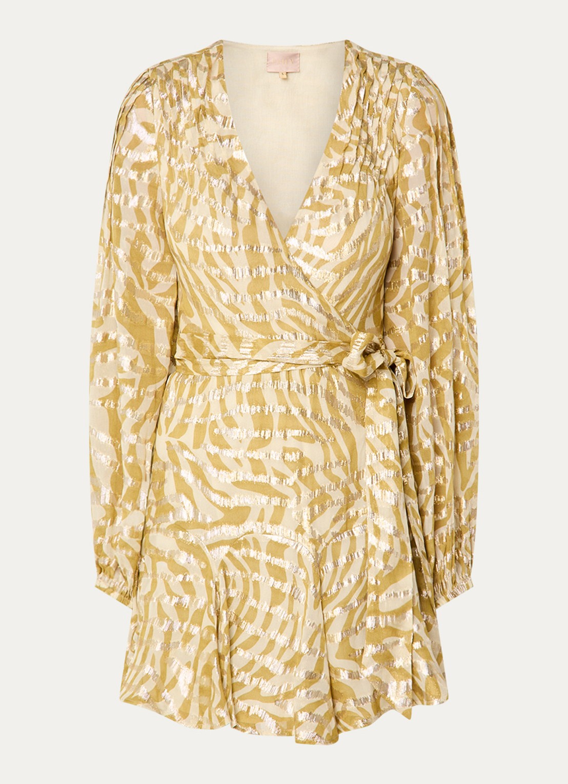 JOSH V Aliya mini wikkeljurk met jacquard dessin en lurex - voorkant mosterd