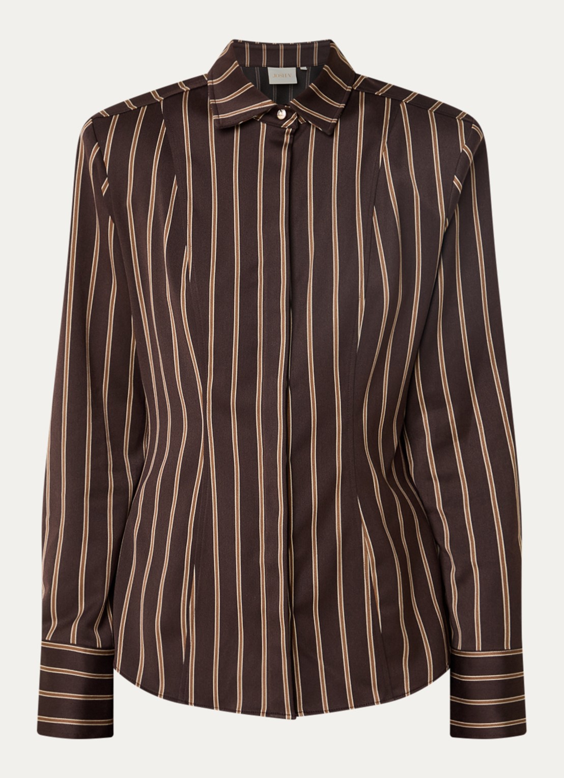 JOSH V Asa blouse met schoudervulling en streepprint - voorkant 3 donkerbruin
