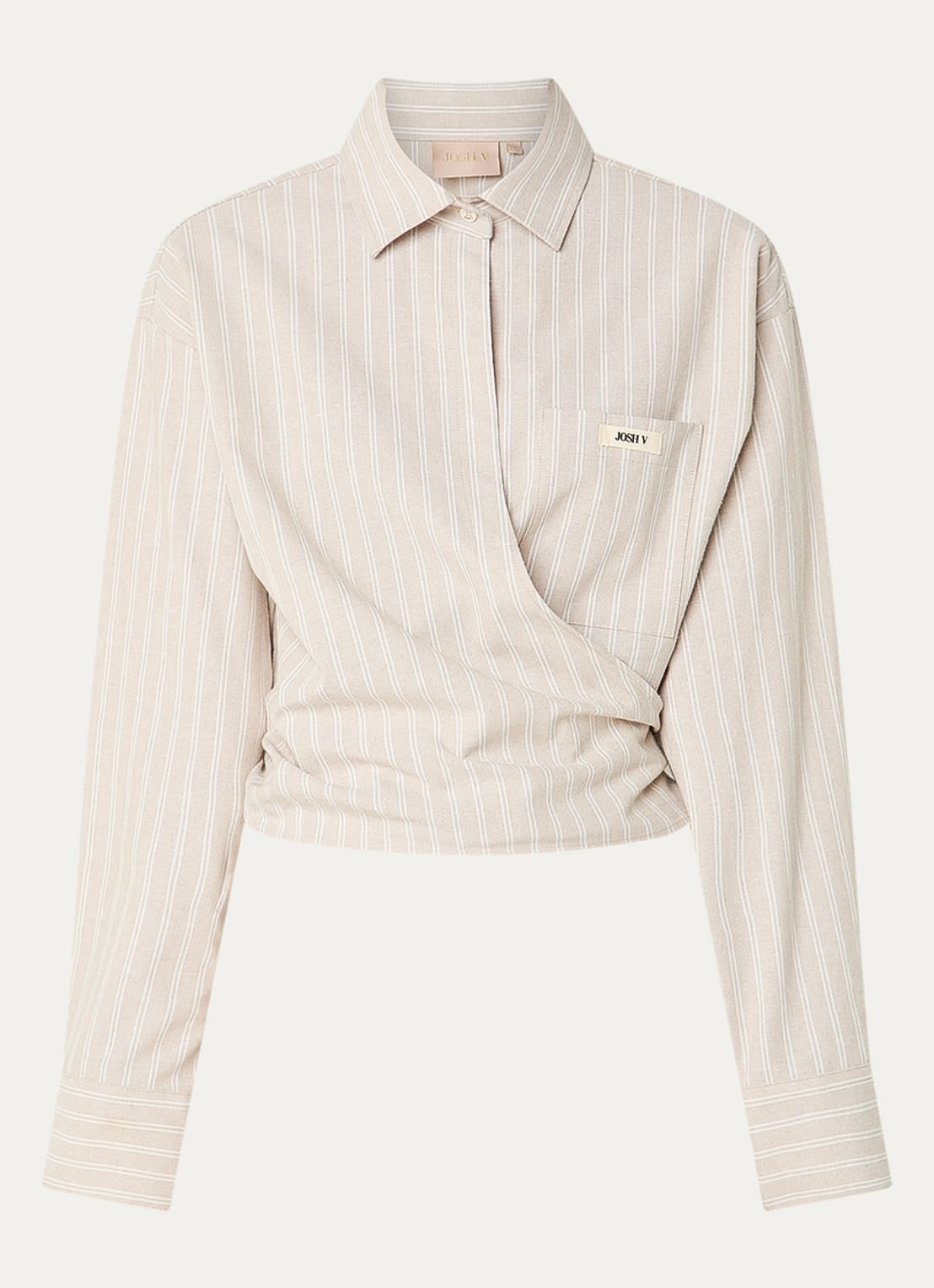 JOSH V Banks blouse met streepprint en strikceintuur - voorkant 2 beige