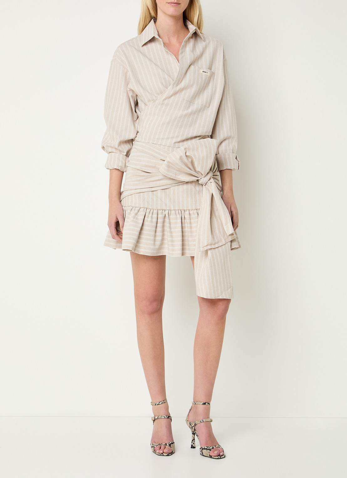 JOSH V Banks blouse met streepprint en strikceintuur - voorkant 3 beige