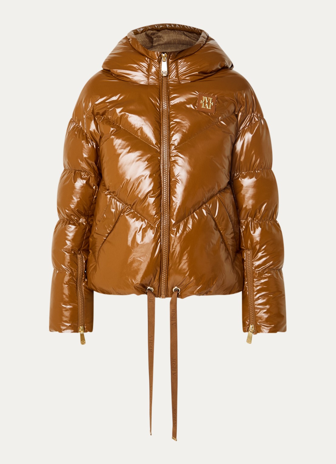 JOSH V Brenna puffer jack met strikceintuur en glanzende finish - voorkant cognac