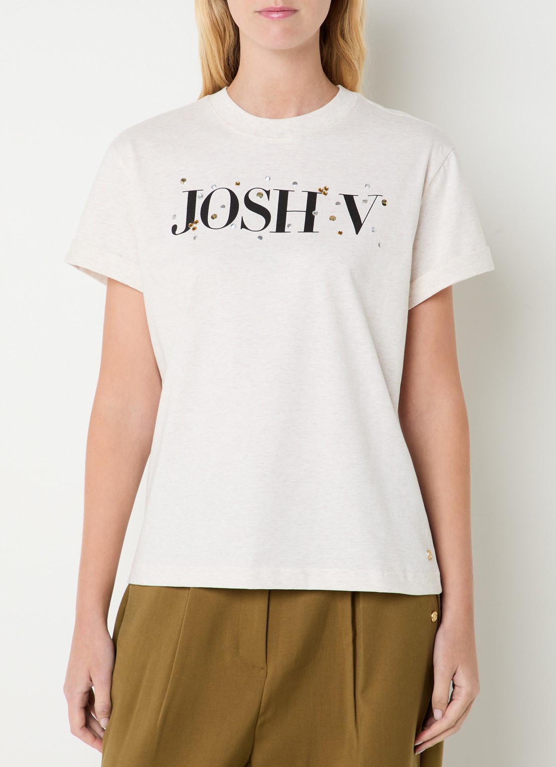 JOSH V Britta T-shirt met logoprint en strass - detail creme