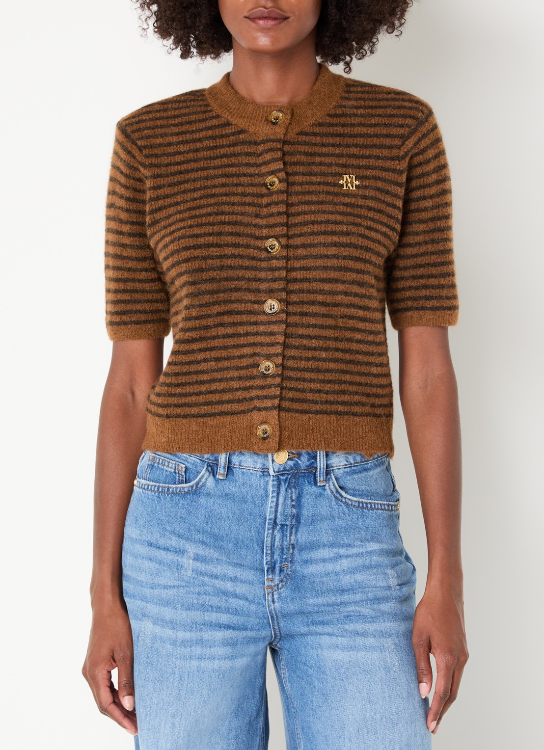JOSH V Cassie fijngebreid vest in alpaca wolblend met streepprint - detail bruin