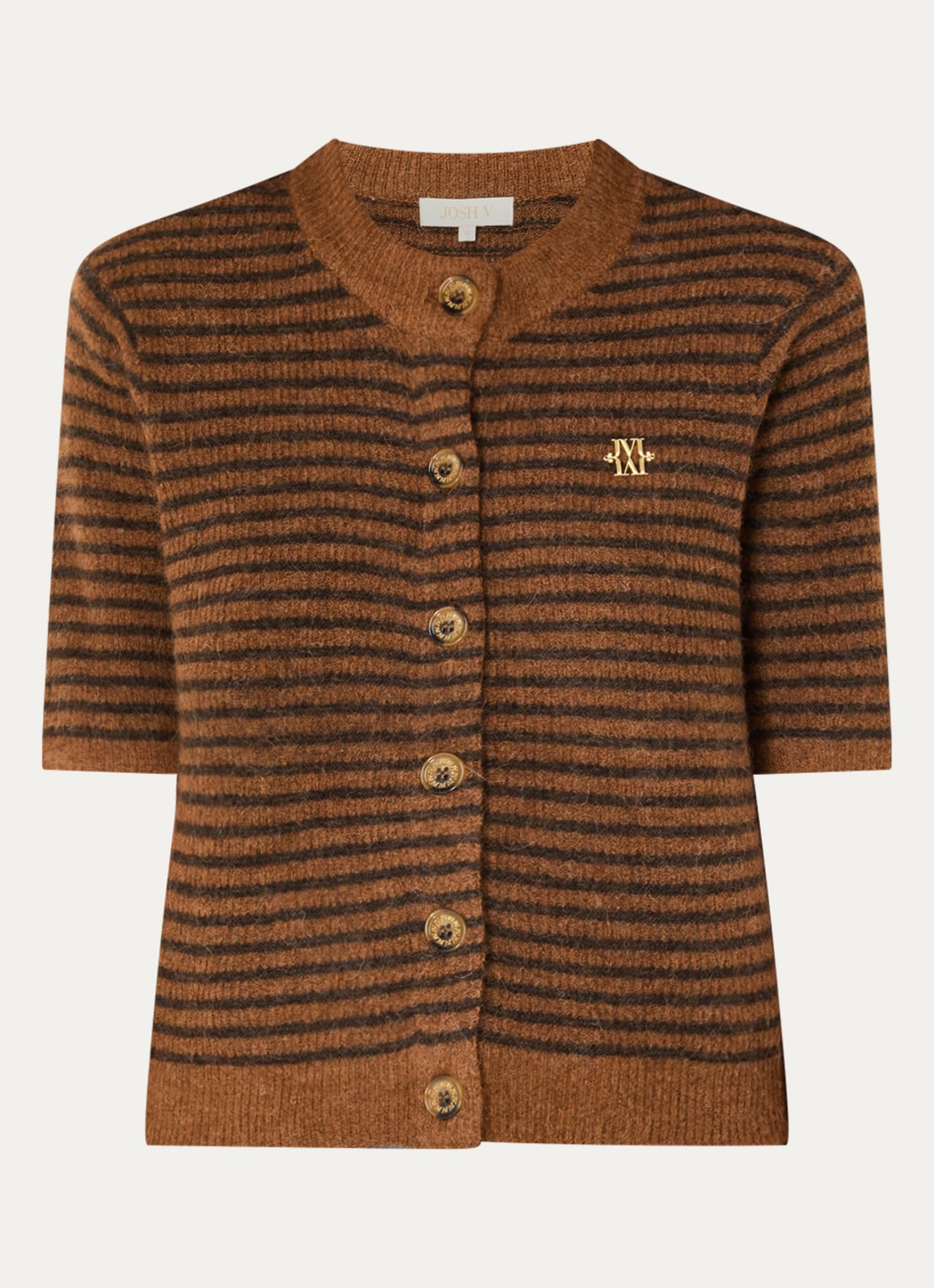 JOSH V Cassie fijngebreid vest in alpaca wolblend met streepprint - voorkant 2 bruin