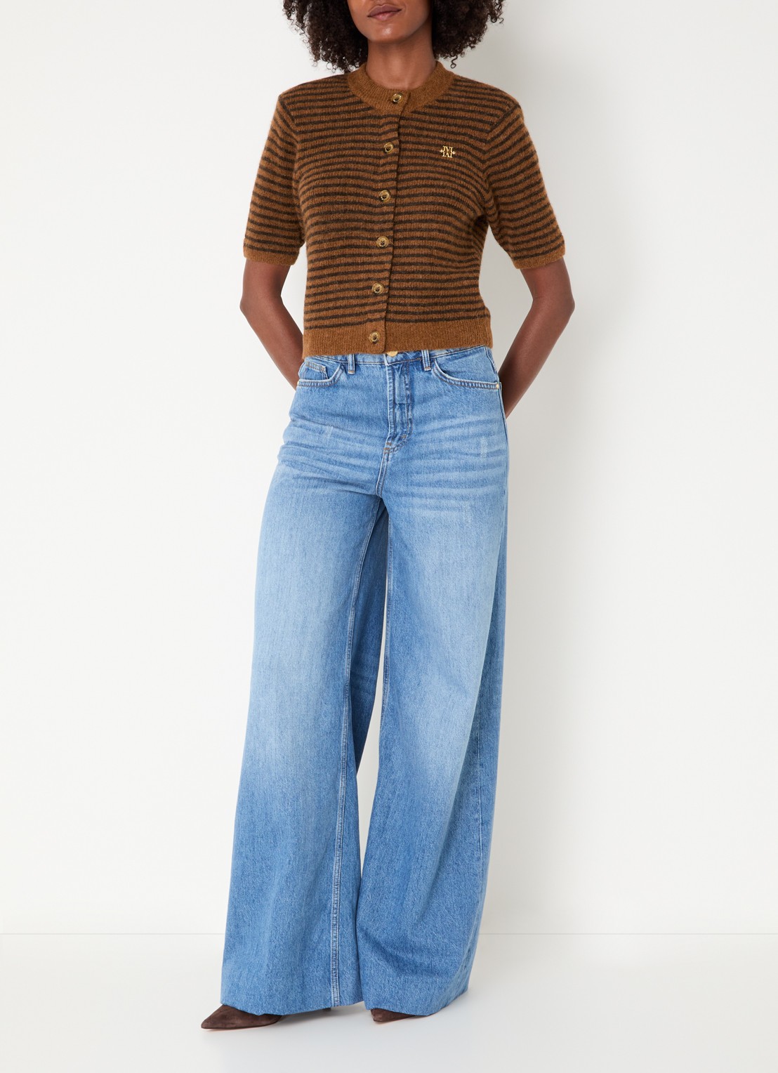 JOSH V Cassie fijngebreid vest in alpaca wolblend met streepprint - voorkant 3 bruin