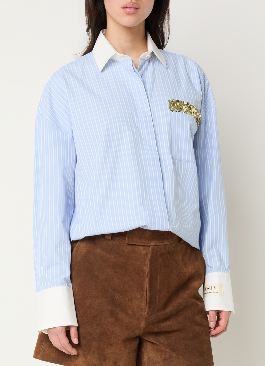 JOSH V Celestine blouse met streepprint en pailletten - detail lichtblauw