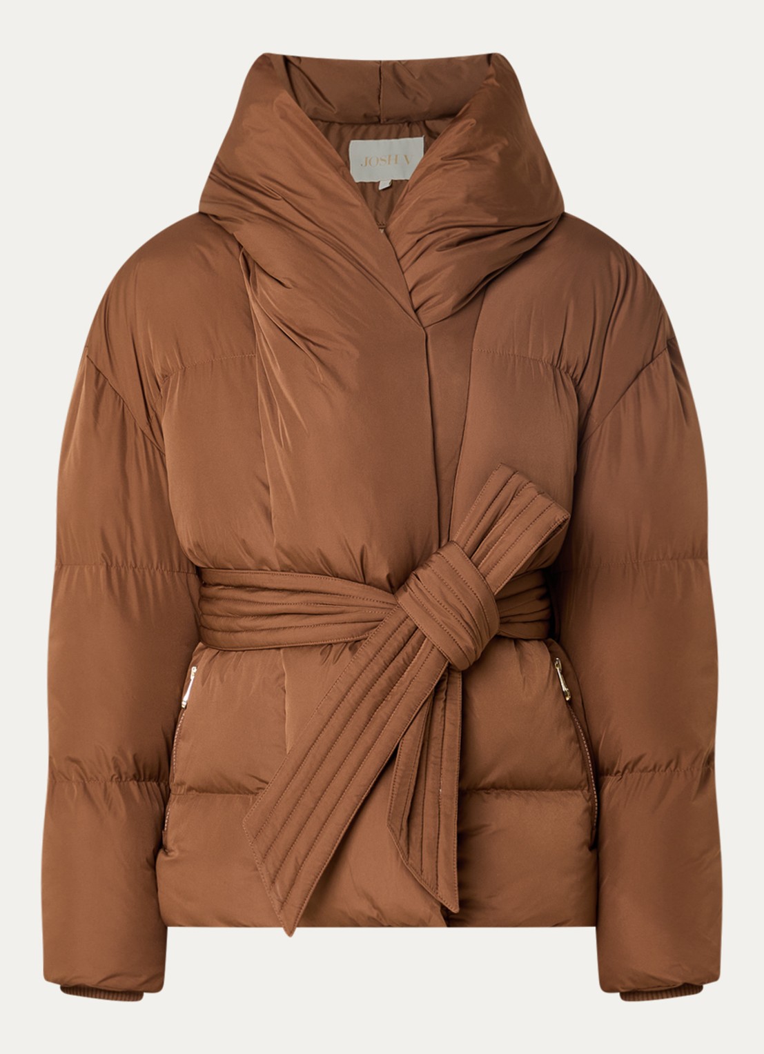 JOSH V Charlotte puffer jack met capuchon en ceintuur - voorkant 3 cognac