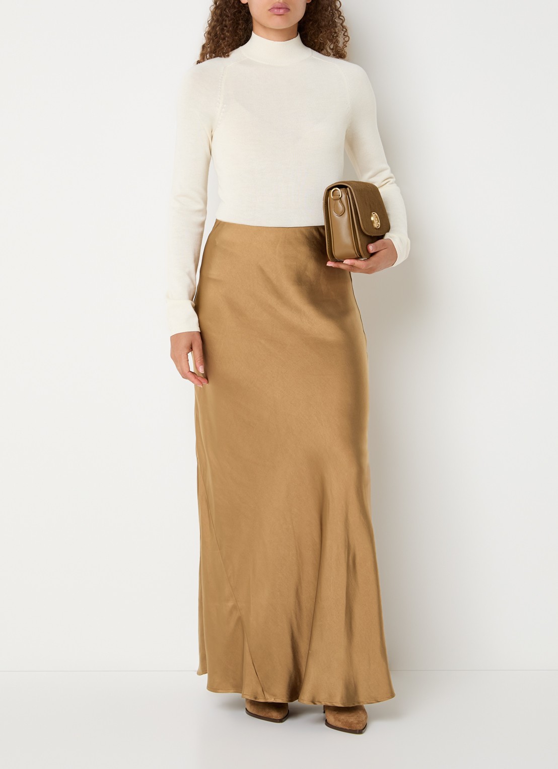 JOSH V Cosette maxi rok van satijn - voorkant 4 cognac
