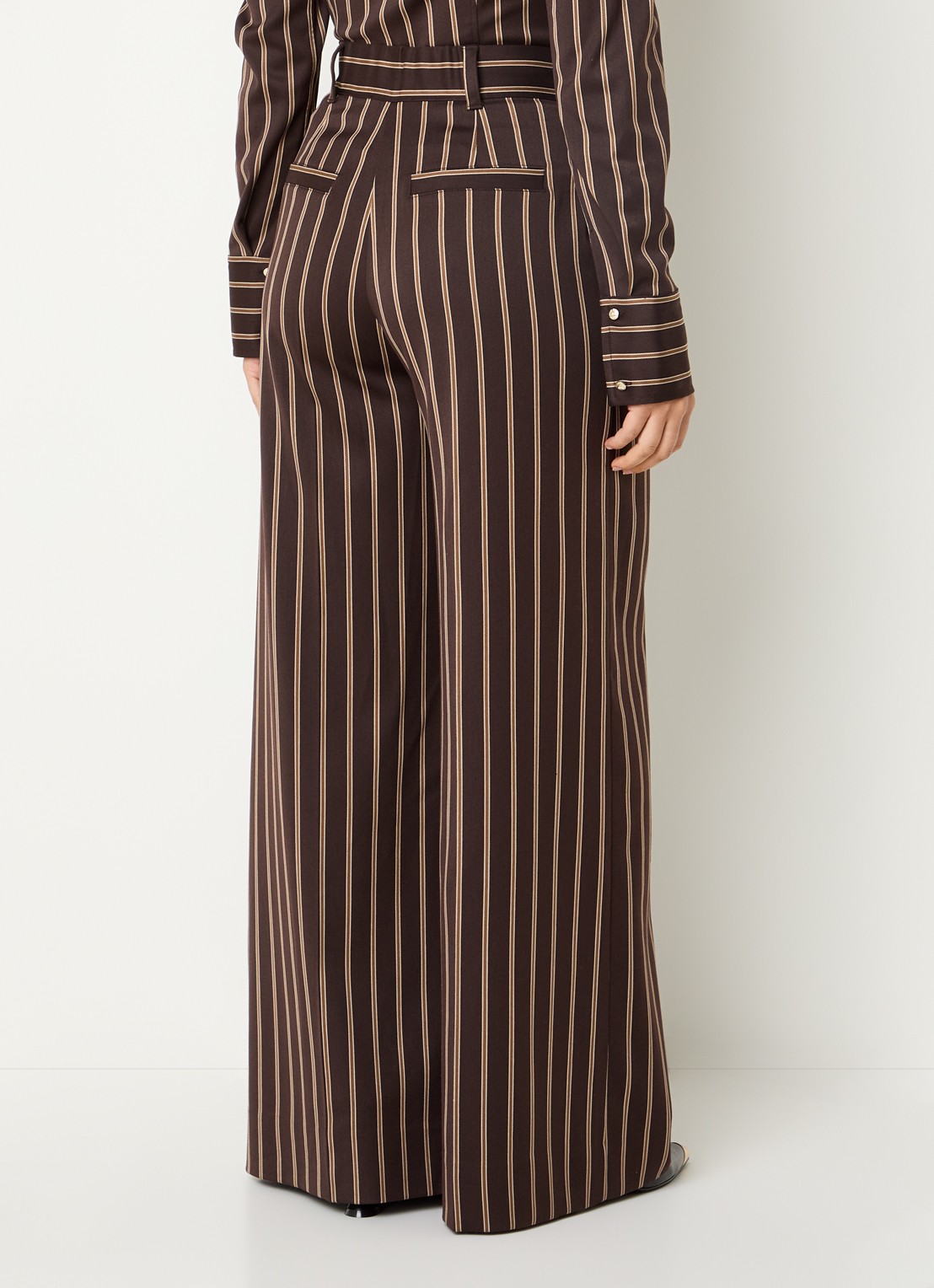 JOSH V Davey high waist wide fit pantalon met streepprint - achterkant 3 donkerbruin