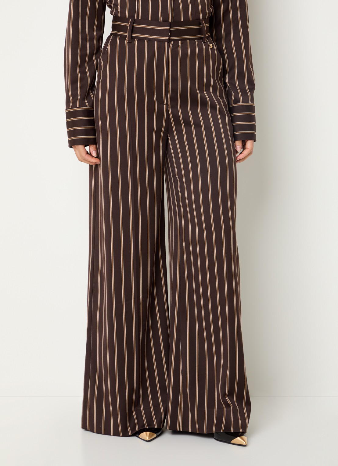 JOSH V Davey high waist wide fit pantalon met streepprint - detail 4 donkerbruin