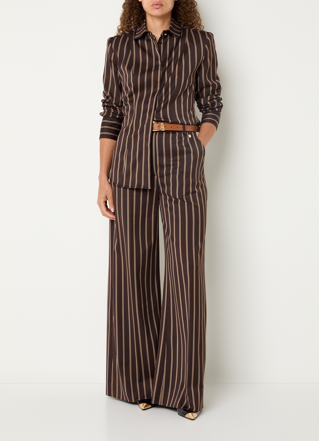 JOSH V Davey high waist wide fit pantalon met streepprint - voorkant 2 donkerbruin