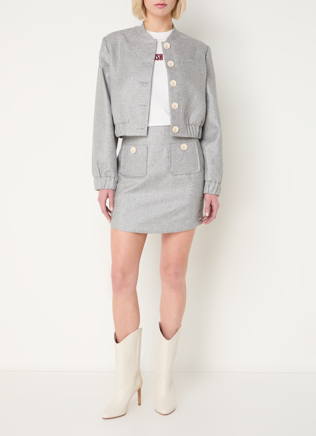 JOSH V Ellen minirok in wolblend met lurex - voorkant 3 grijs