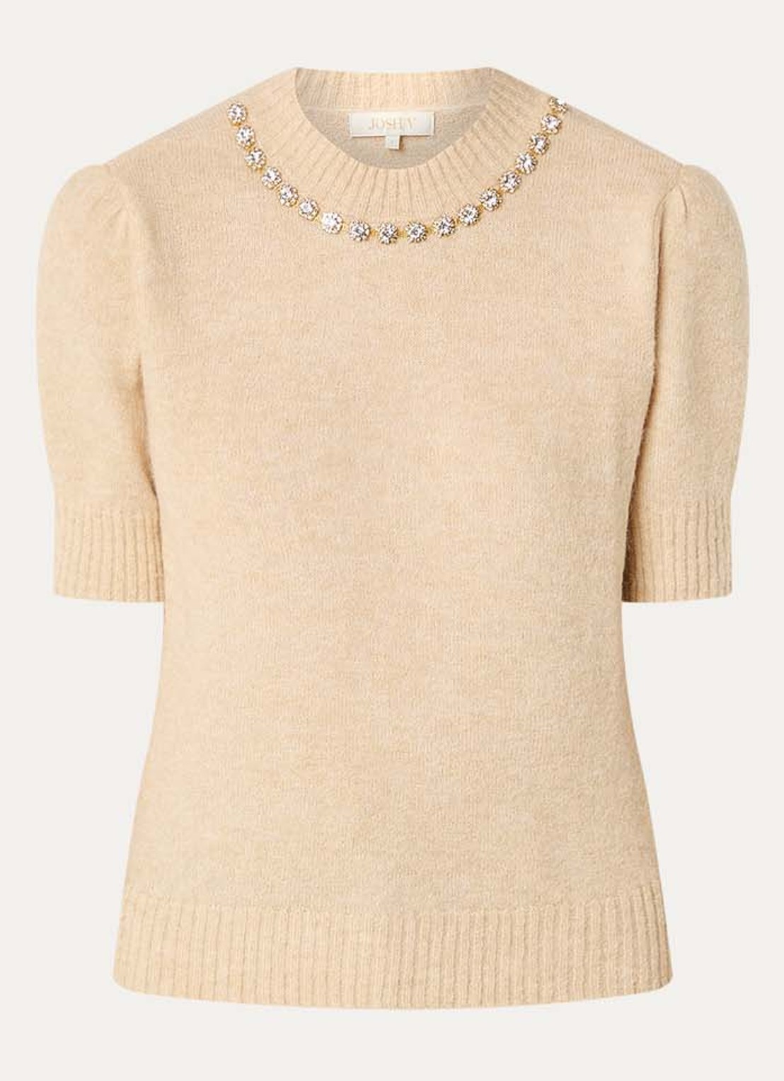 JOSH V Franka fijngebreide top in alpaca wolblend met strass - voorkant beige