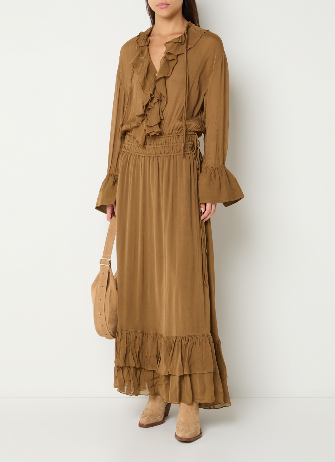 JOSH V Gisele maxi jurk met volant - detail cognac