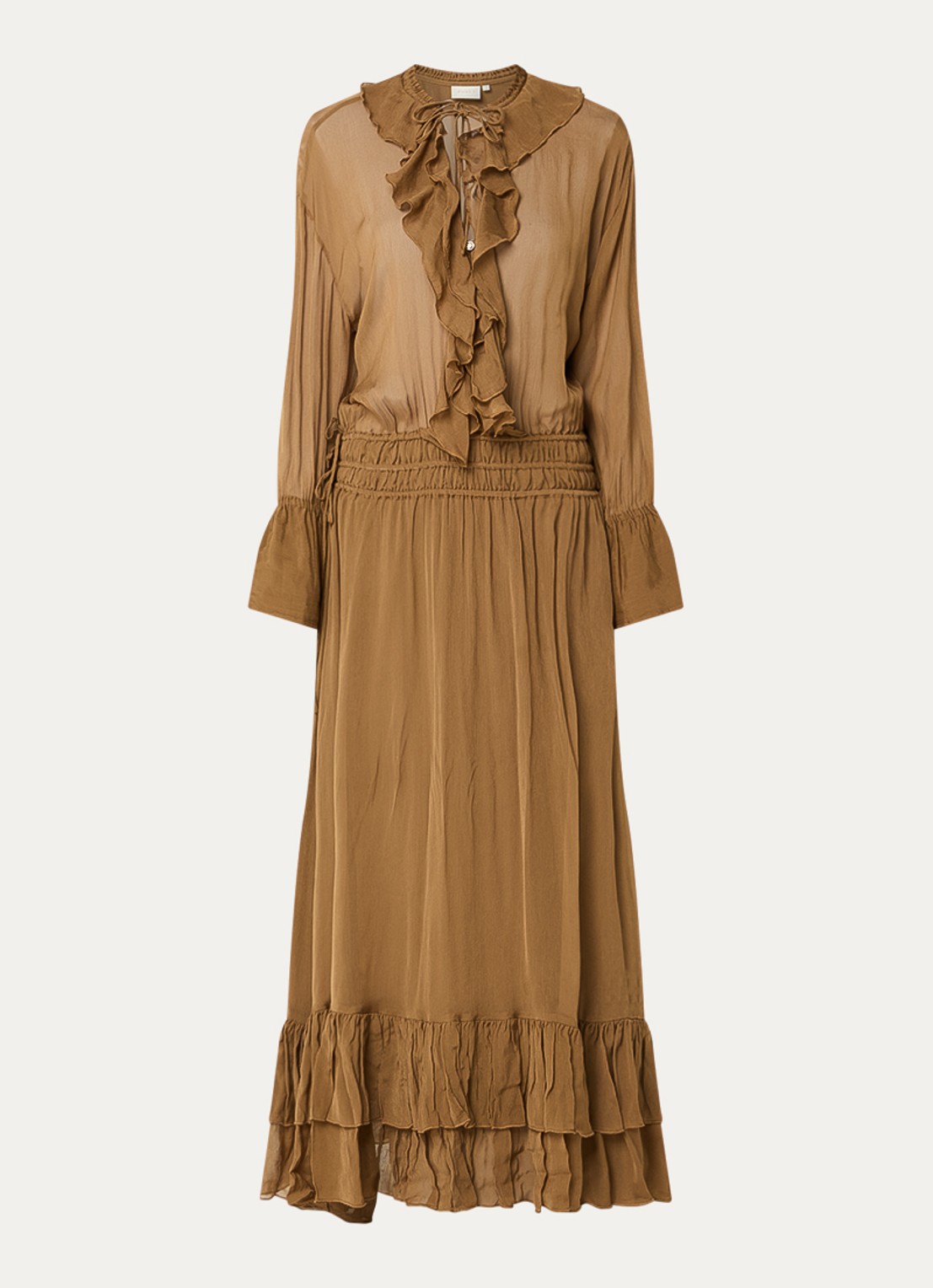 JOSH V Gisele maxi jurk met volant - voorkant 3 cognac