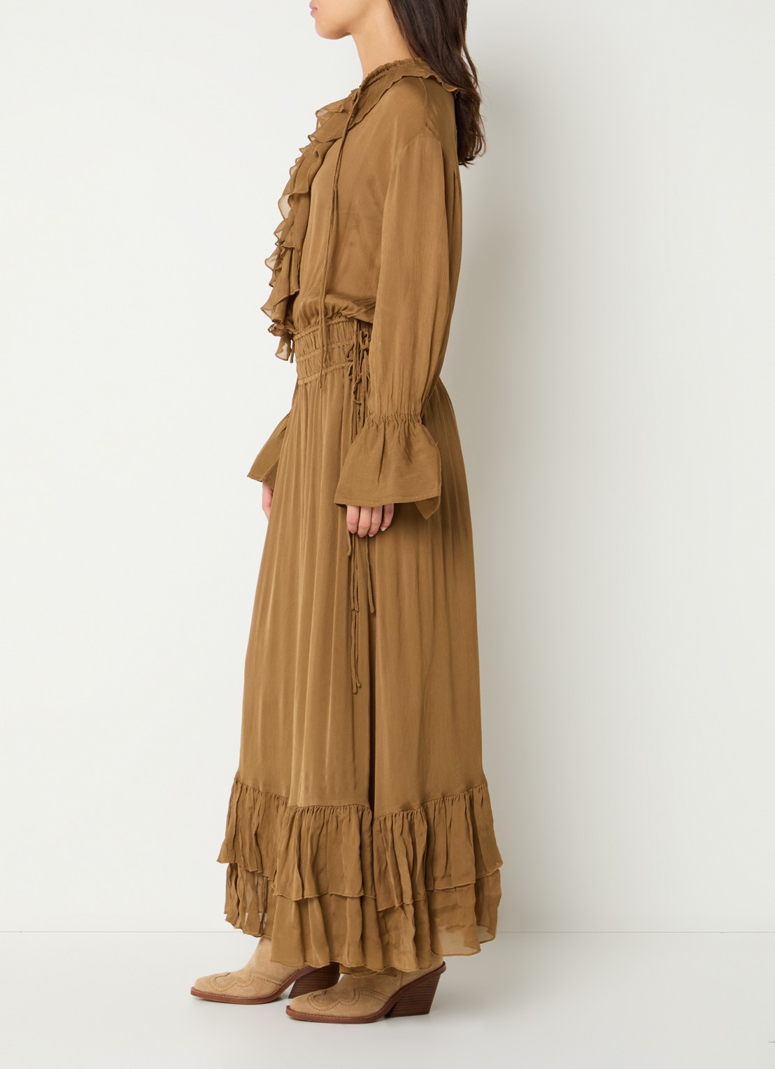 JOSH V Gisele maxi jurk met volant - voorkant 4 cognac