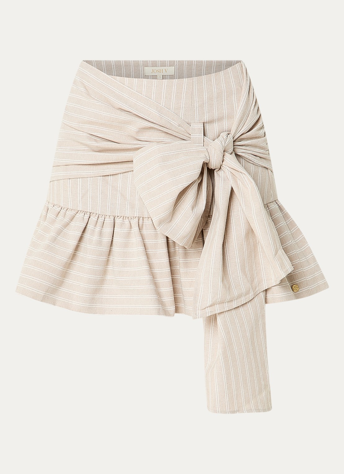 JOSH V Hollis mini rok met streepprint en strikdetail - voorkant 2 donkerbeige