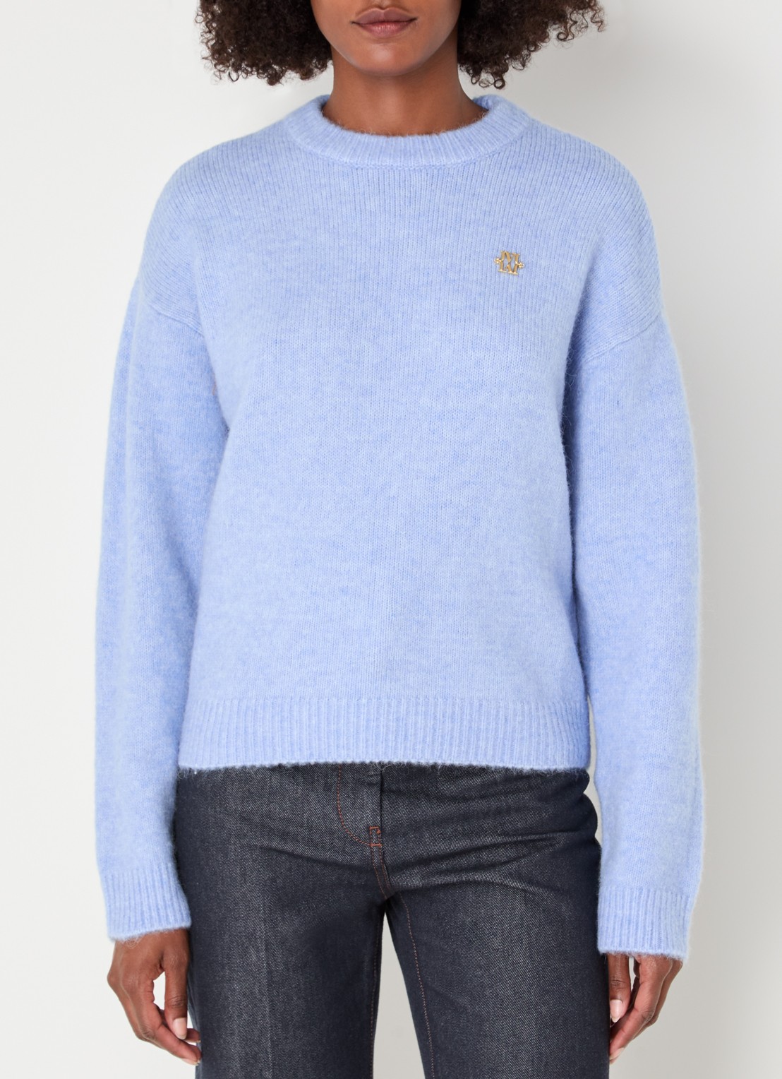 JOSH V Ize fijngebreide trui in alpaca wolblend - detail blauw