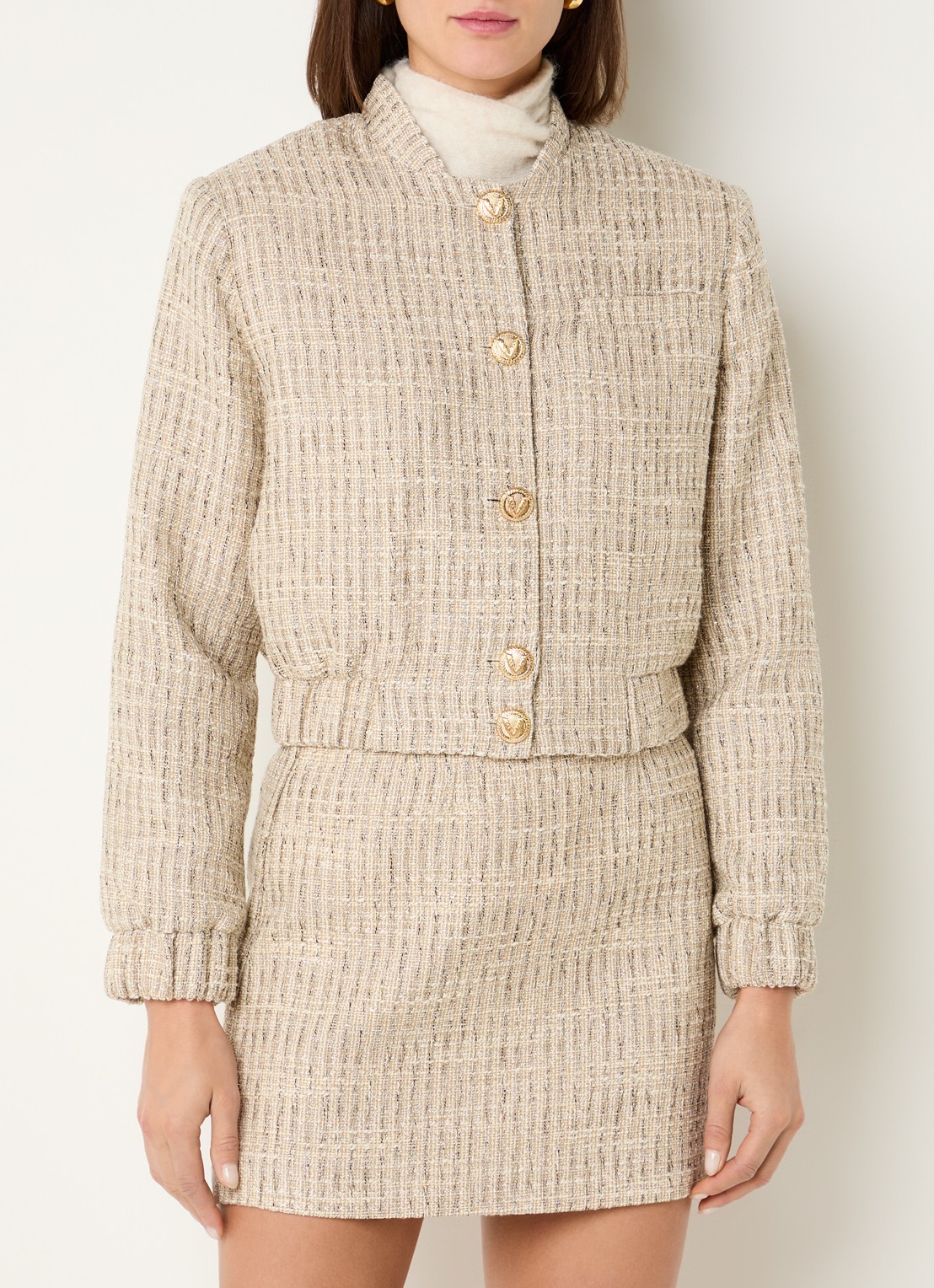 JOSH V Junia cropped bomberjack met tweed-look en schoudervulling - detail 4 creme