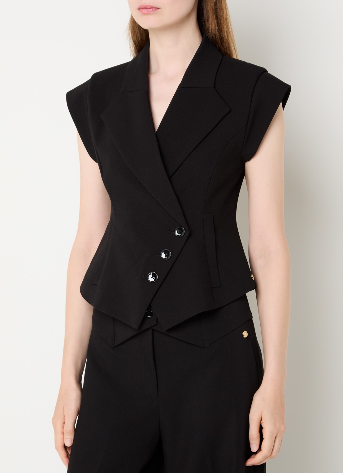 JOSH V Katleen gilet met schoudervulling en asymmetrisch detail - detail zwart