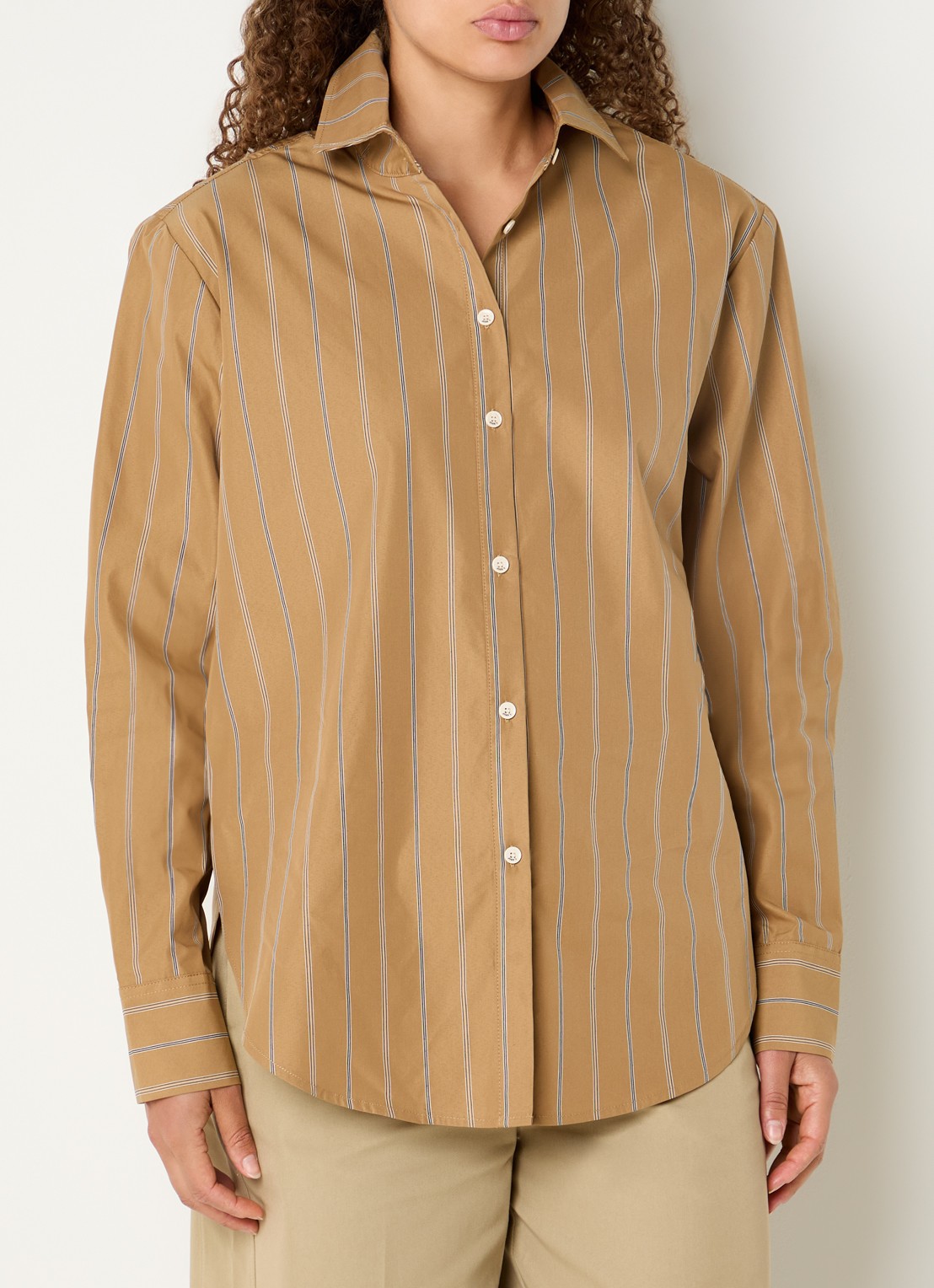 JOSH V Kolly blouse met streepprint en schoudervulling - detail camel