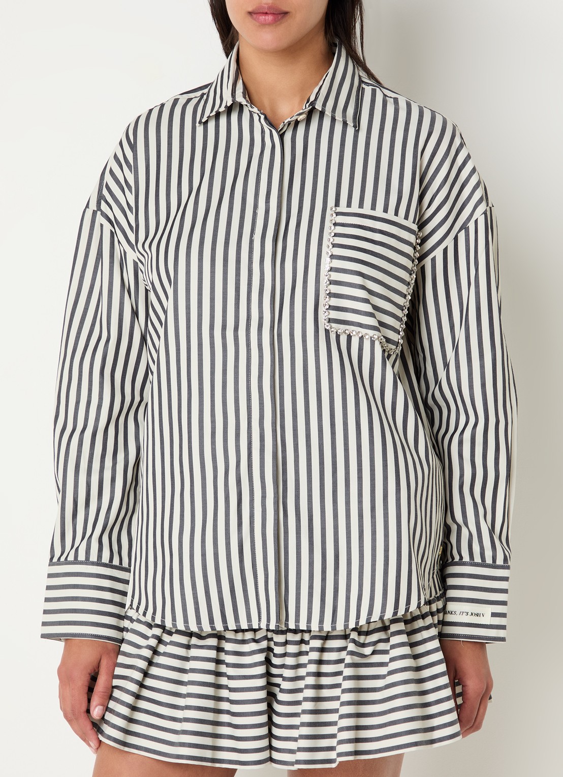 JOSH V Lexx blouse met streepprint en borstzak - detail donkerblauw