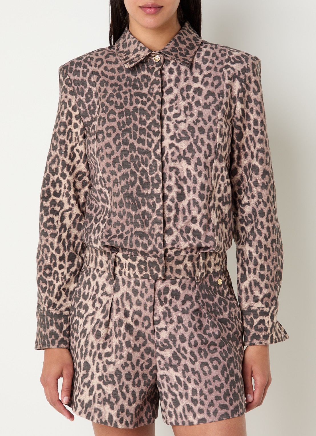 JOSH V Lilae straight fit playsuit met panterprint - detail 4 lichtbruin