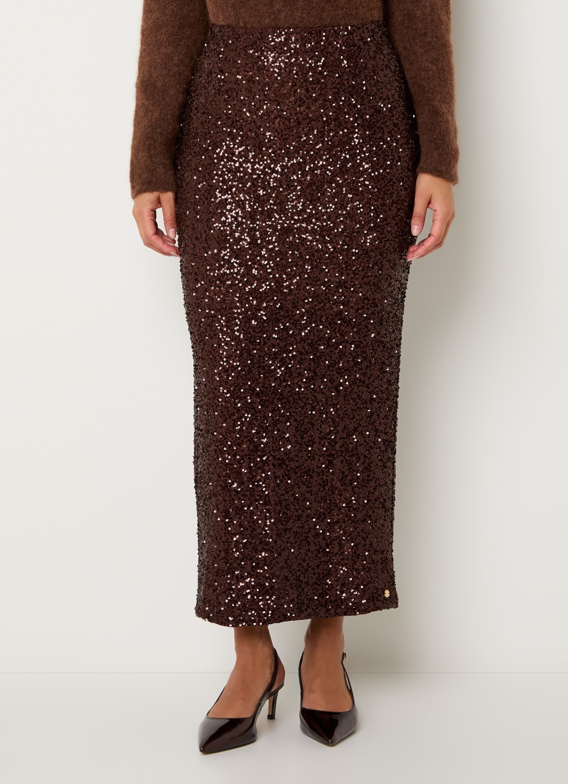 JOSH V Lonne midi rok met pailletten - detail kastanjebruin