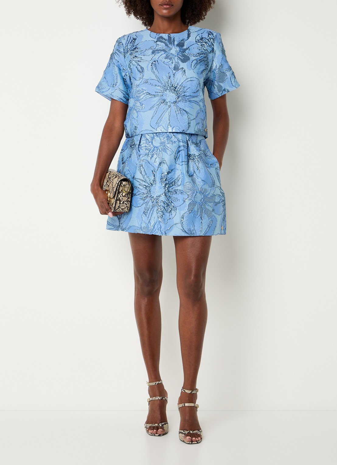JOSH V Marleen mini A-lijn rok met jacquard dessin - voorkant 3 blauw