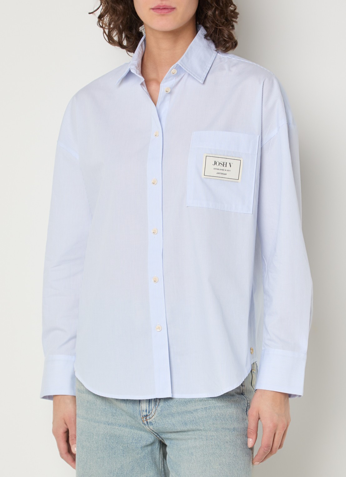 JOSH V Neveah blouse met streepprint en sjaal - detail blauw