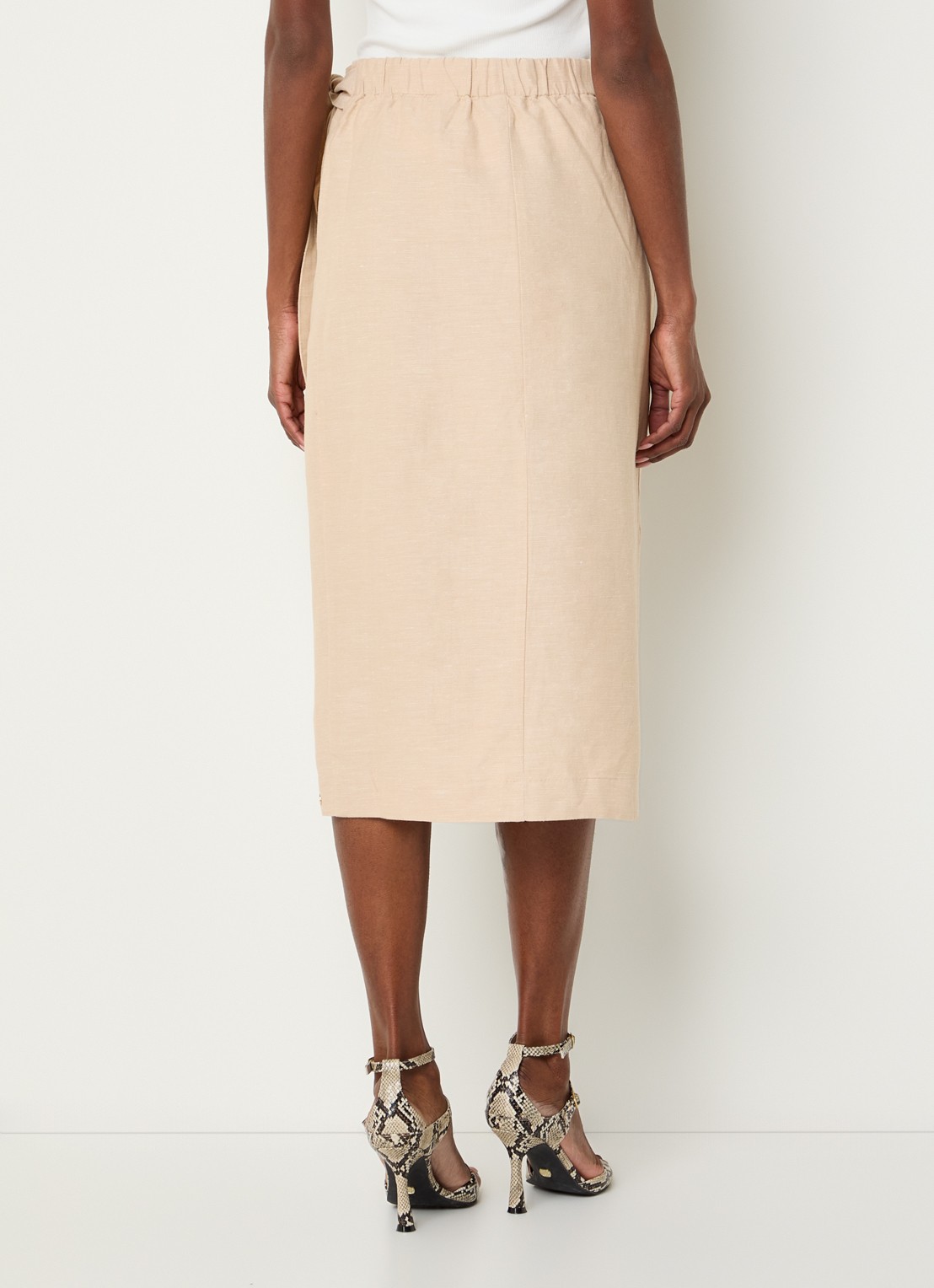 JOSH V Nijra midi rok in linnenblend met strikceintuur - achterkant beige