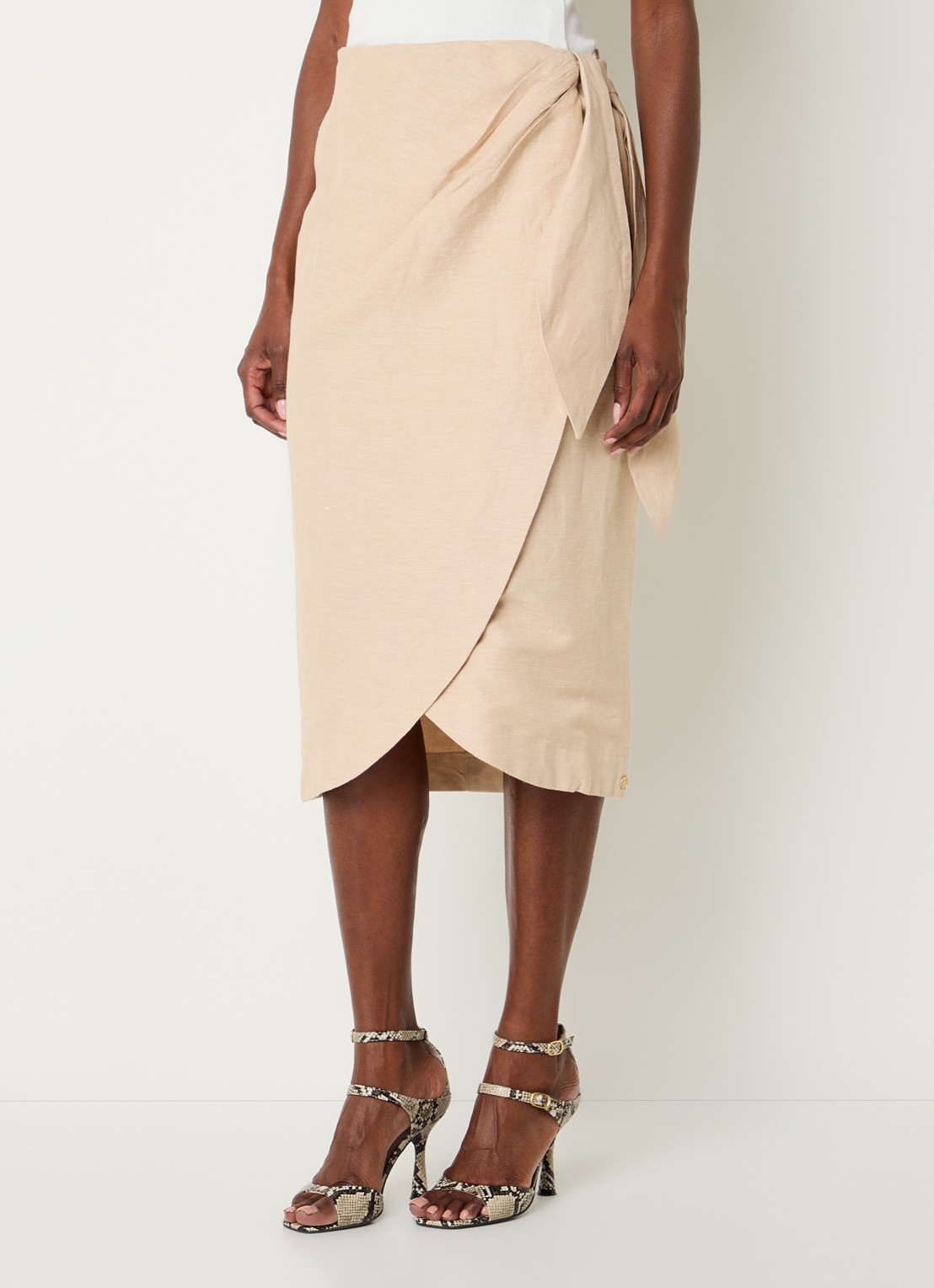 JOSH V Nijra midi rok in linnenblend met strikceintuur - detail 2 beige