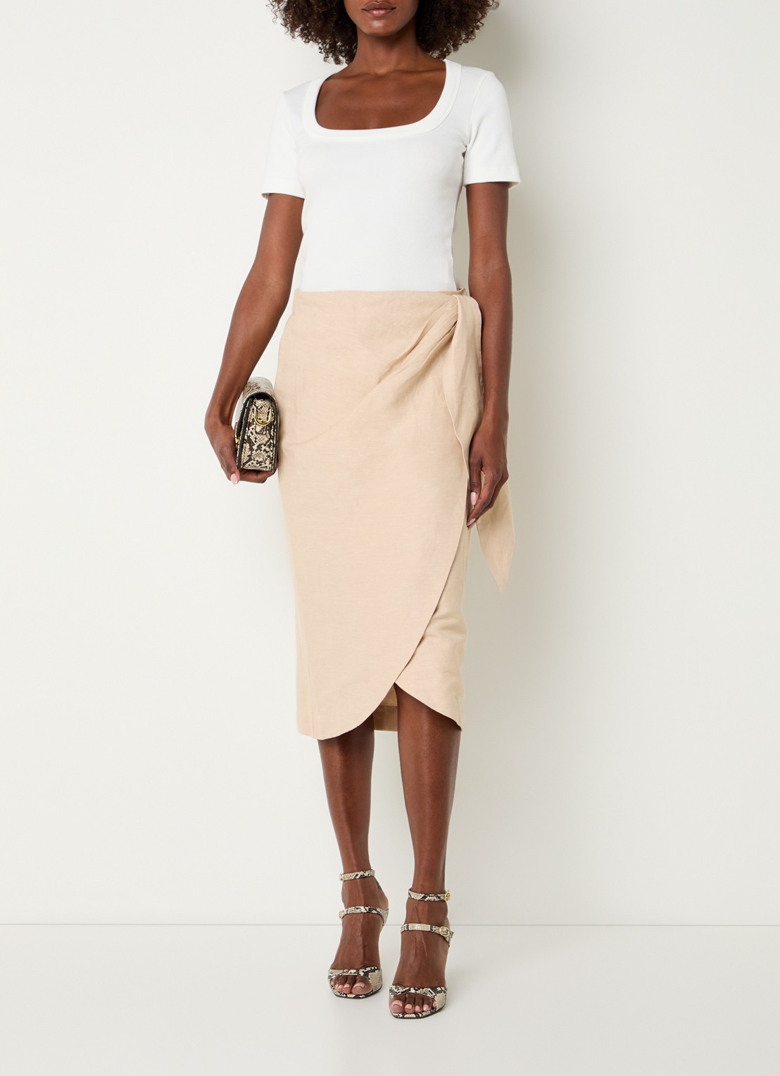 JOSH V Nijra midi rok in linnenblend met strikceintuur - voorkant 4 beige