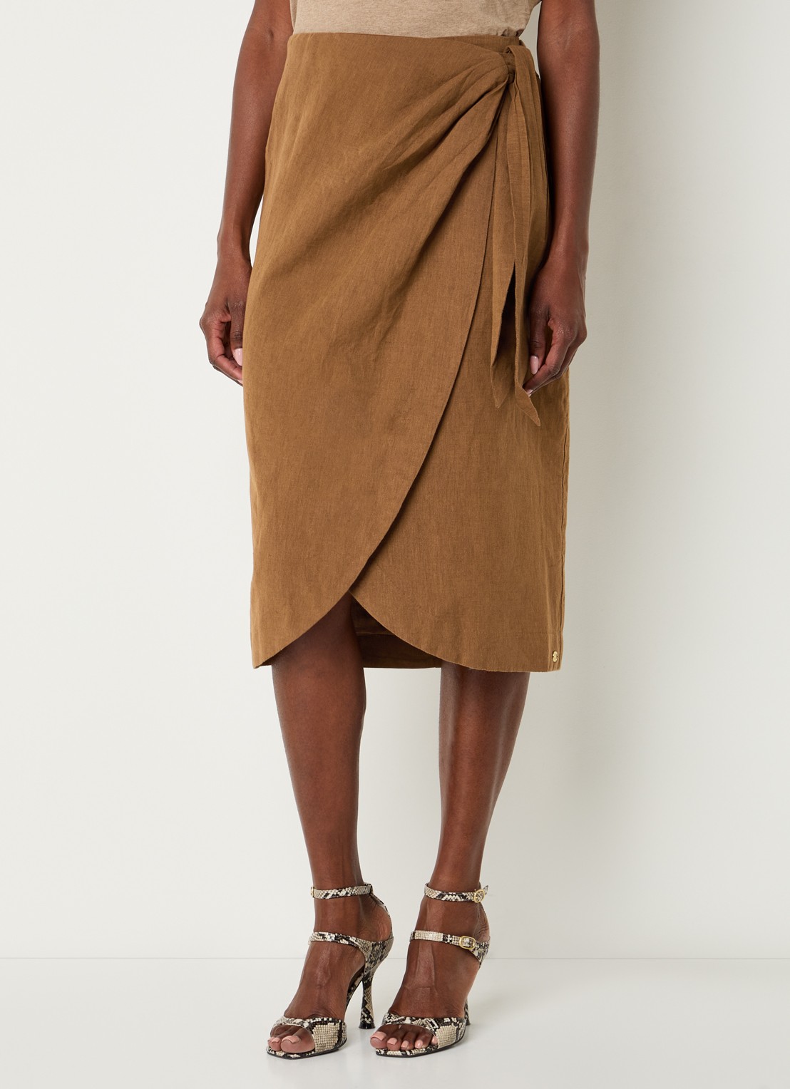 JOSH V Nijra midi rok in linnenblend met strikceintuur - detail 2 camel