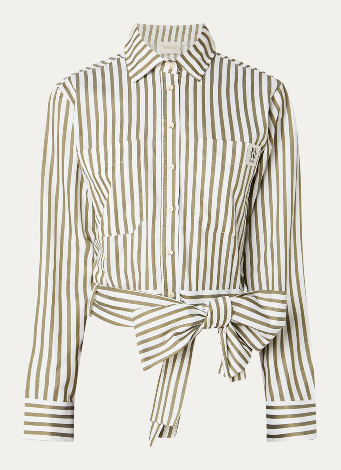 JOSH V Odell blouse met streepprint en strikceintuur - voorkant 2 legergroen