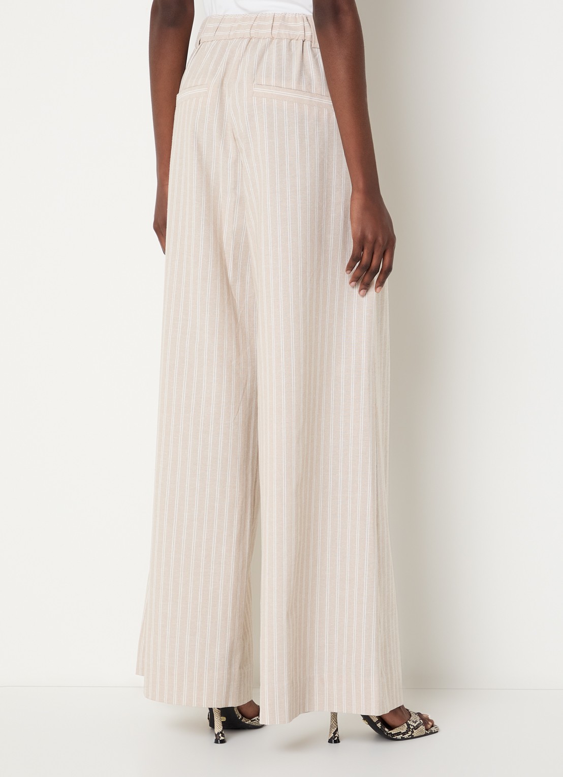 JOSH V Odessa high waist wide leg broek in linnenblend met streepprint - achterkant beige