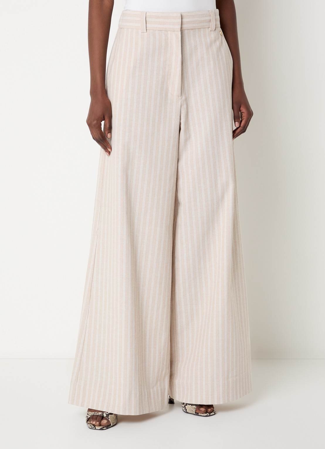 JOSH V Odessa high waist wide leg broek in linnenblend met streepprint - detail 4 beige