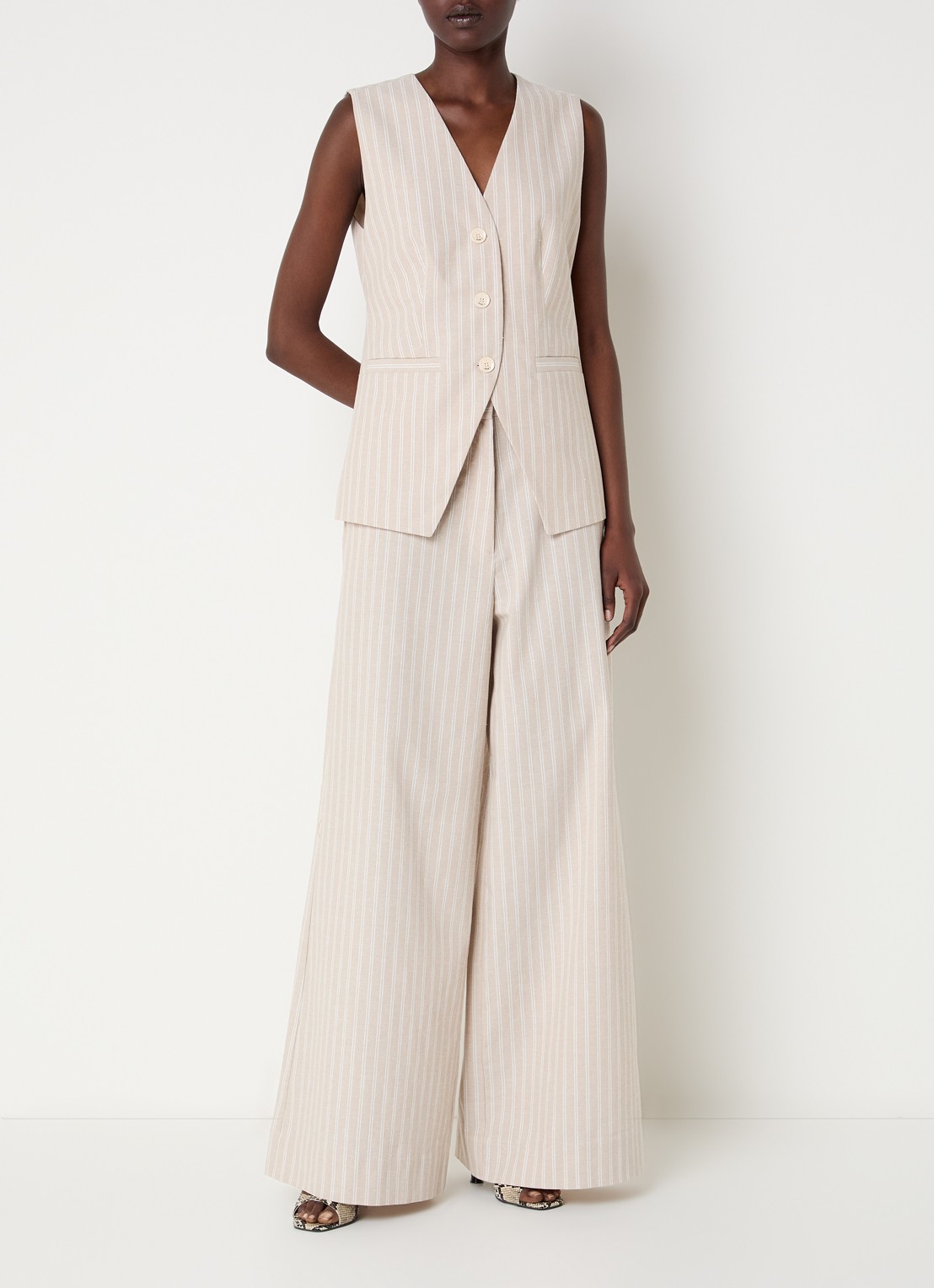 JOSH V Odessa high waist wide leg broek in linnenblend met streepprint - voorkant 3 beige