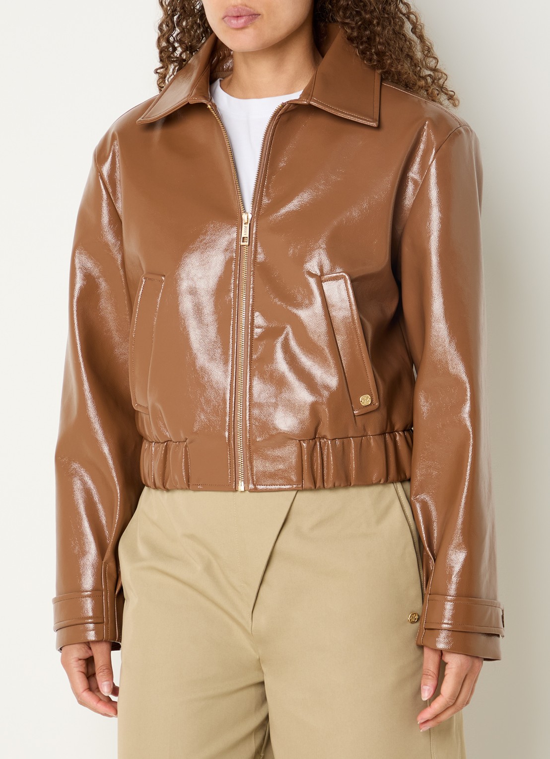 JOSH V Peaden bomberjack van imitatieleer met glanzende finish - detail 2 cognac