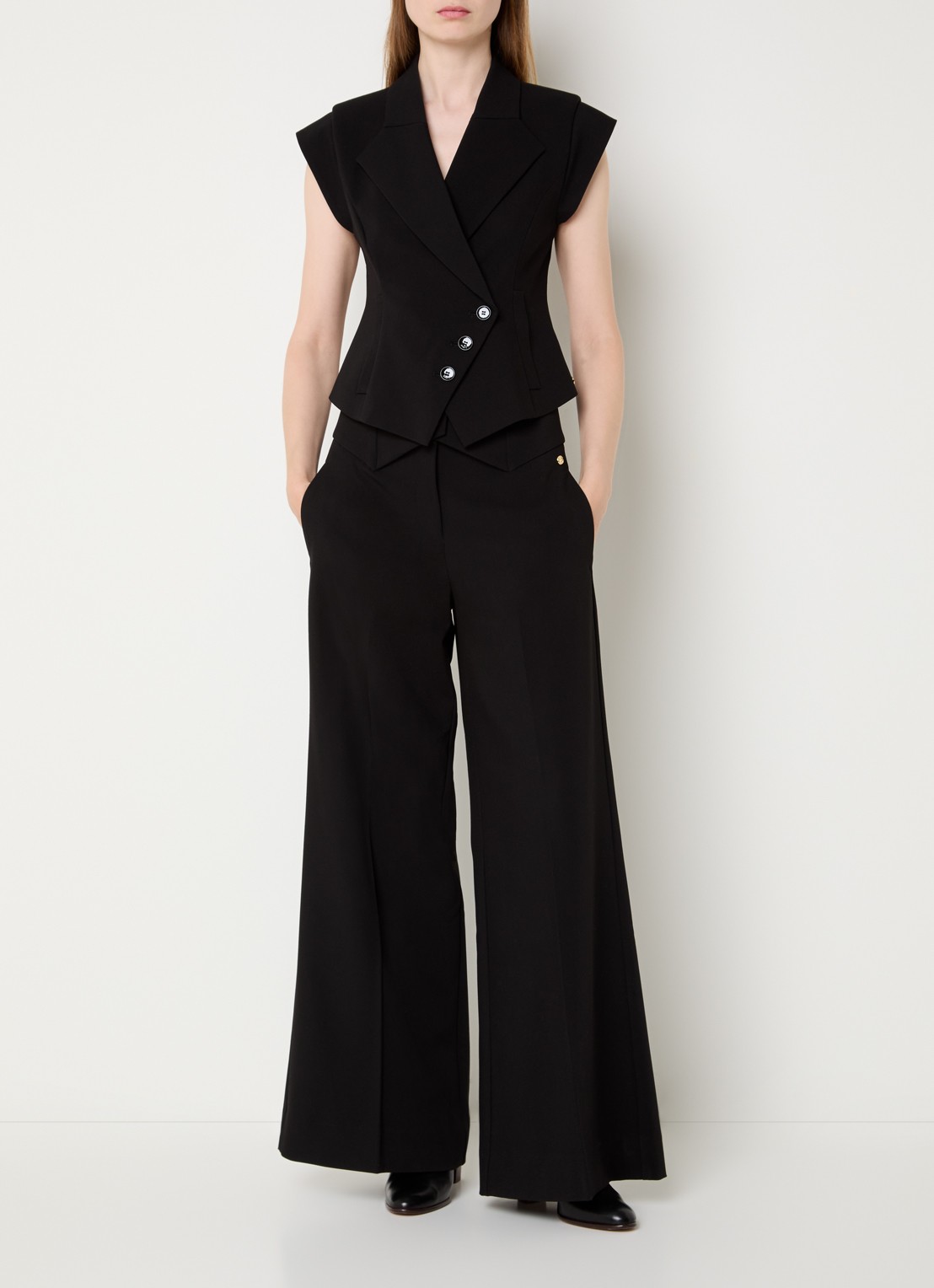JOSH V Petra high waist wide fit pantalon met persplooi - voorkant 3 zwart