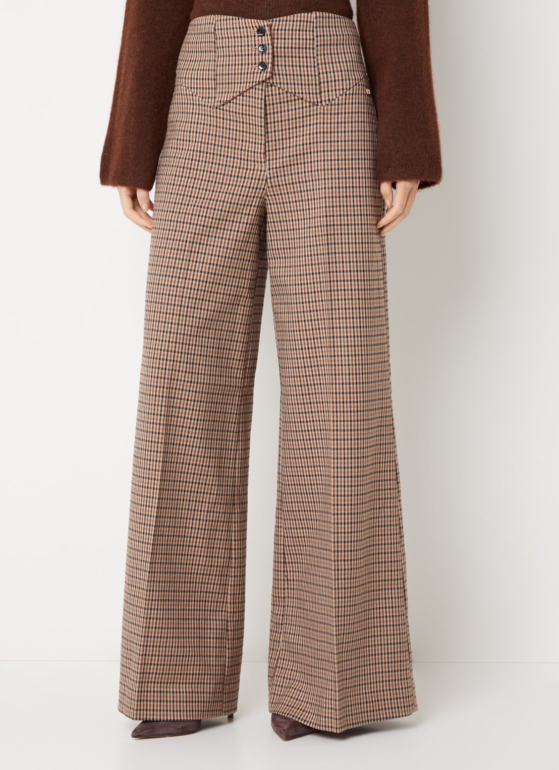 JOSH V Petra high waist wide fit pantalon met steekzakken - detail bruin