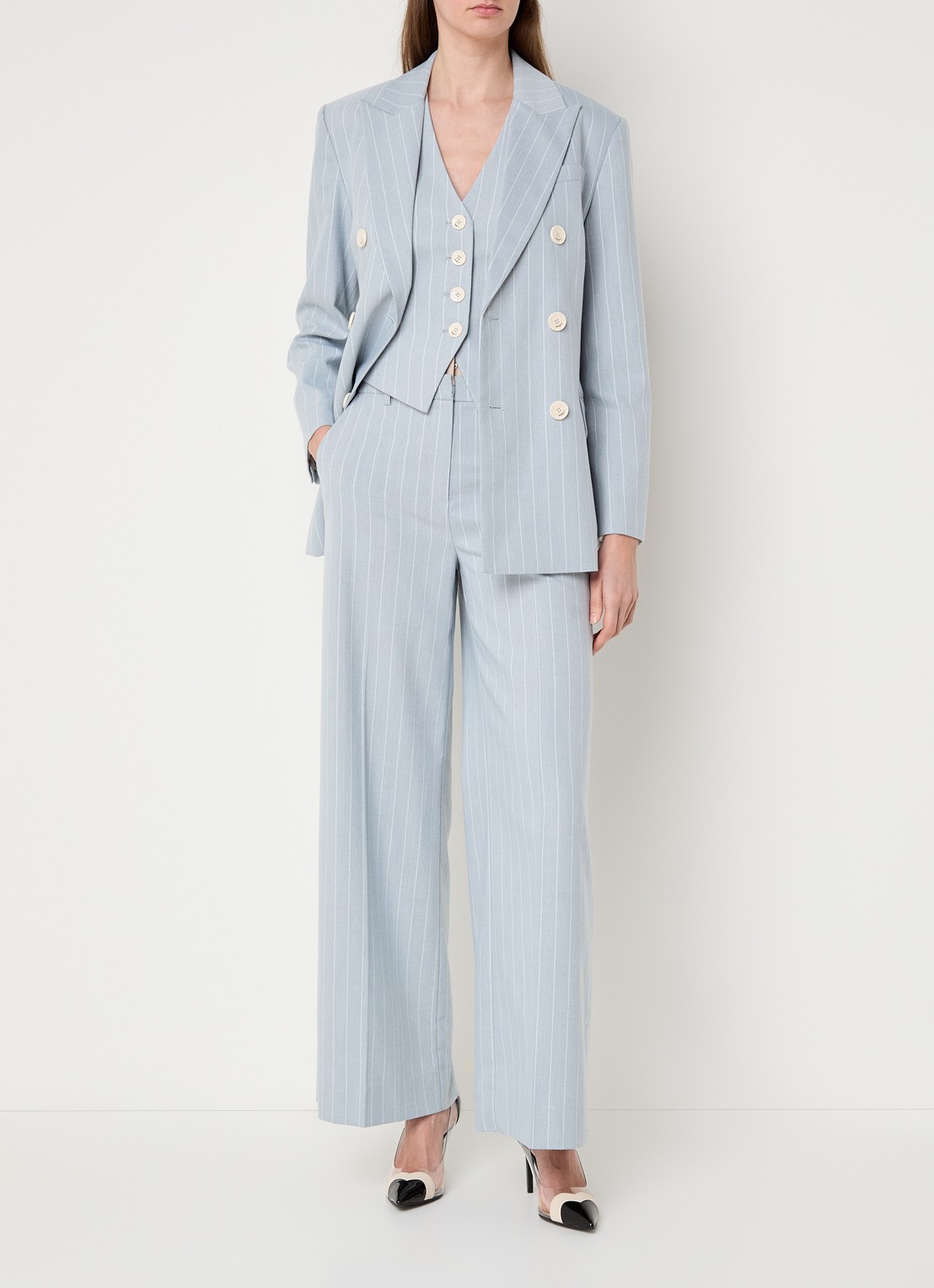 JOSH V Pleun double-breasted blazer met streepprint - voorkant 2 lichtblauw