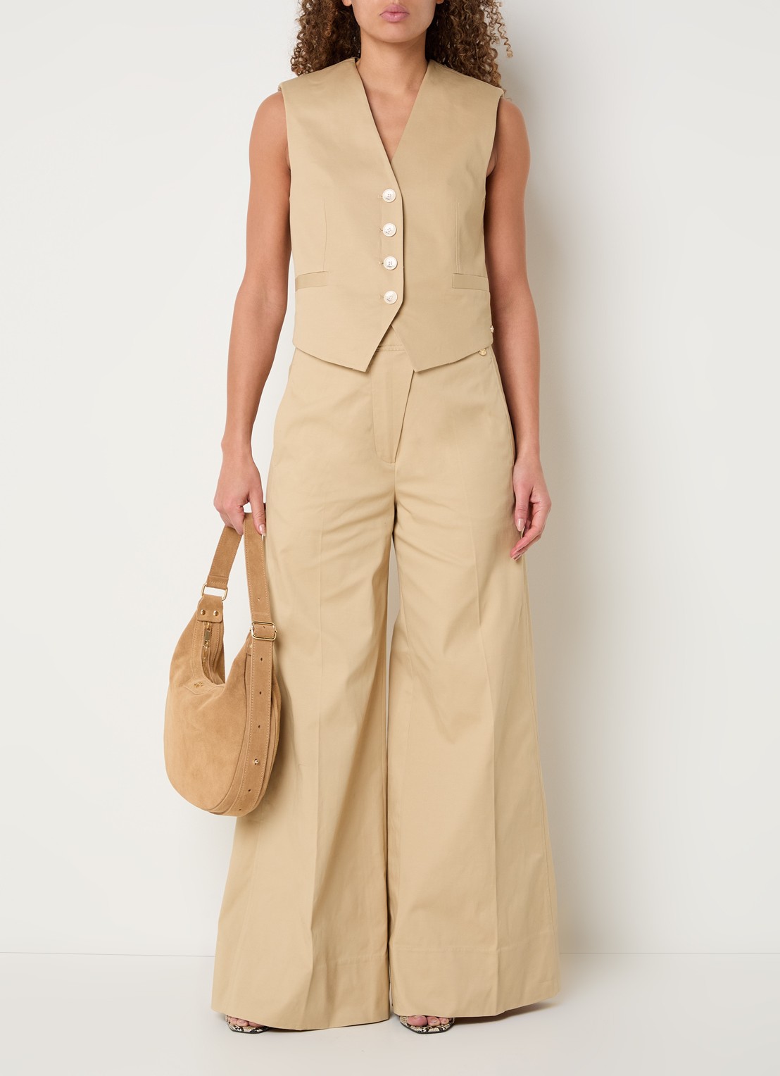 JOSH V Regina high waist wide fit palazzobroek met steekzakken - voorkant 4 camel