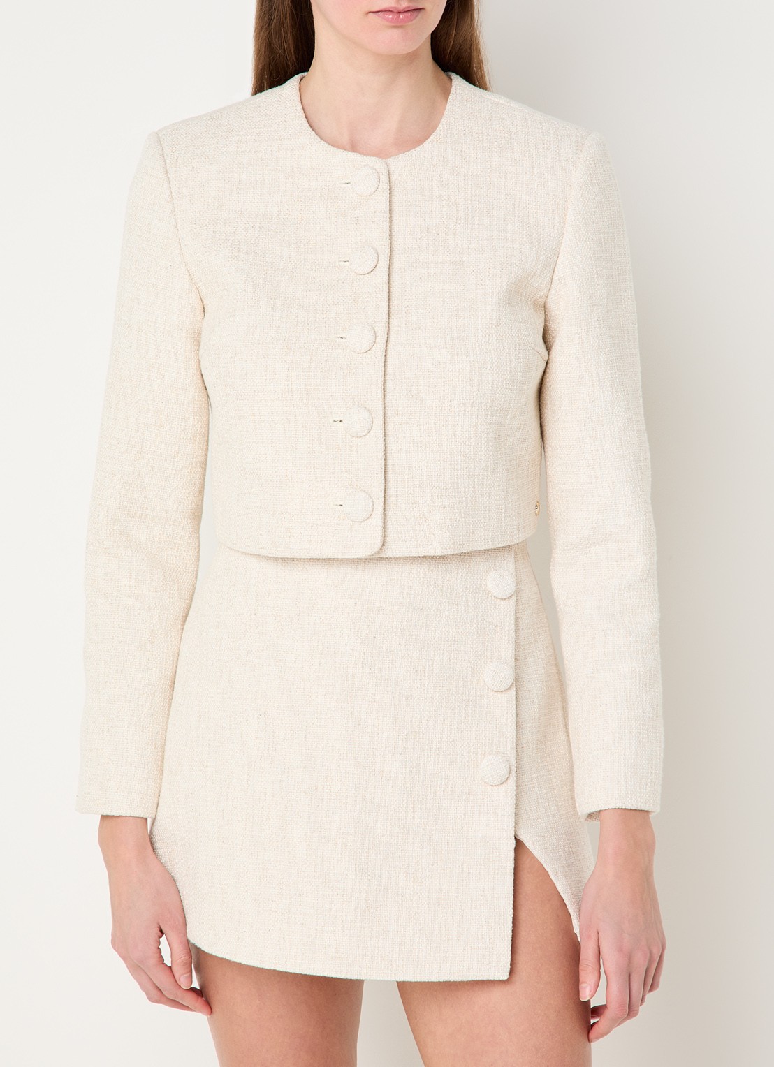 JOSH V Remi cropped blazer met tweed-look en lurex - detail creme