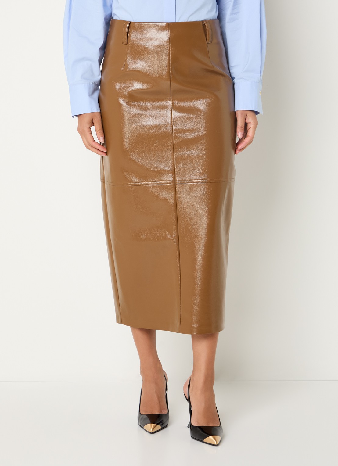 JOSH V Sally midi kokerrok van imitatieleer met glanzende finish - detail 4 cognac