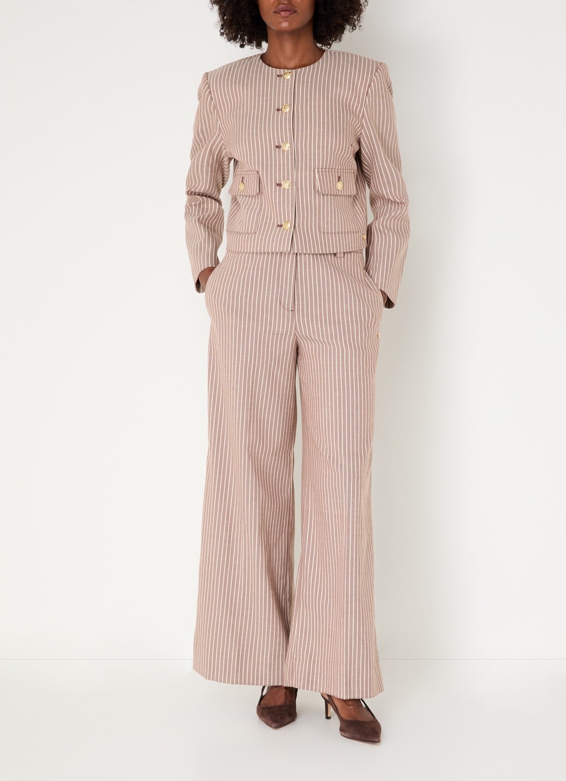 JOSH V Schout high waist wide fit pantalon met streepprint - voorkant 4 bordeauxrood