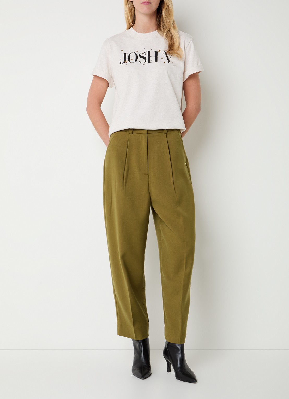 JOSH V Sonyes high waist wide fit pantalon met steekzakken - voorkant 2 olijfgroen